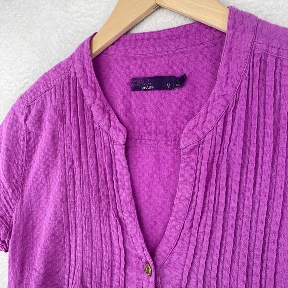 PRANA Top Womens M Cotton Textured Shirt Pintuck Boho Peasant Button Up Purple - Picture 2 of 14